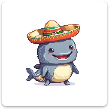 A happy whale wearing a large Mexican sombrero hat, playful character sticker