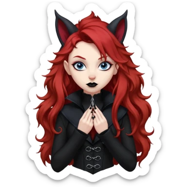  long curly red hair (darker), red pointed ears with black trim, black goth outfits, body and face human, blue eyes, more pointy chin, black lipstick, big fluffy red squirrel tail with black tips, like the attached photo with more outfits and poses,  sticker