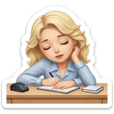 Pretty blonde model, brown eyes, soft wavy hair, falling asleep at desk sticker