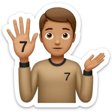 Man shrugging with the number 6 above his left hand and the number 7 above his right hand sticker