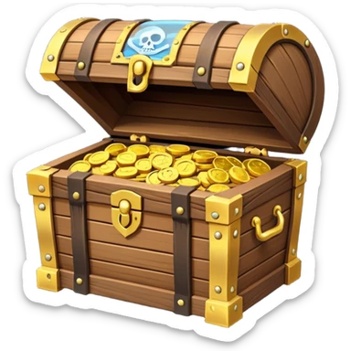 pirate treasure chest object icon, wooden chest with gold details, slightly open with coins, 3D cartoon, mobile game icon style, centered, clean background, no text, no watermark
 sticker