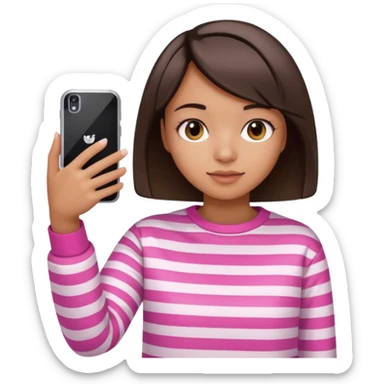 Emoji of a cute 3D girl with short dark brown bob hairstyle, wearing a pink and white striped sweatshirt. She is holding a phone and taking a selfie, white background.

 sticker
