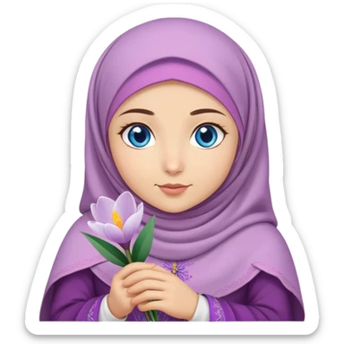 Turkish beautiful finish Konya girl blue eyes with crocus hijab and islamic dress and hold crocus flower on hand  sticker