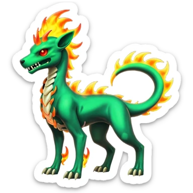 Badass neon-radioactive-green skeletal cool shiny Houndoom-Charmeleon-Fakémon-hybrid-creature (full body)  with flamey Mohawk  sticker
