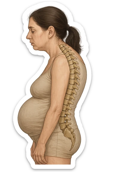 DONNA DI PROFILO CON LA POSTURA SBAGLIATA, SPINA DORSALE UMANA ANATOMICA REALISTICA IN EVIDENZA, LA PANCIA IN FUORI E LE SPALLE CHIUSE sticker