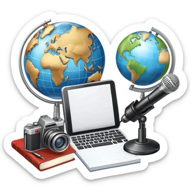 An icon showing a microphone, a notepad, and a camera, symbolizing journalism. The design includes a globe in the background, representing global news, and a breaking news banner for emphasis. Transparent background highlights the dynamic world of media and reporting. sticker