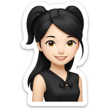 Juni – Cewe ramah  Kulit putih bersih, rambut hitam panjang sleek lurus, diikat half ponytail. Pakai peplum item .  tatapan percaya diri senyum. setengah badan sticker
