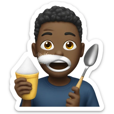 person eating salt and has a spoon full of sugar  with sugar all over their mouth and they’re also holding a lighter sticker