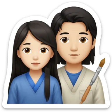 Asian boy with long hair  and girl painters sticker