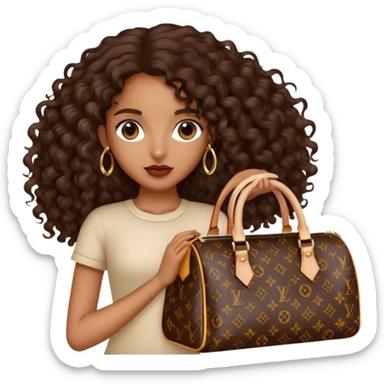 Brown girl with long dark brown long curly hair carrying a Louis Vuitton bag sticker
