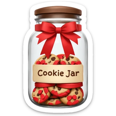 A chewy chocolate chip cozy cookie in an organized jar, saying "Cookie Jar" with some small illustrations on the jar to indicate there are cookies stored inside, a big red ribbonon the lid sticker