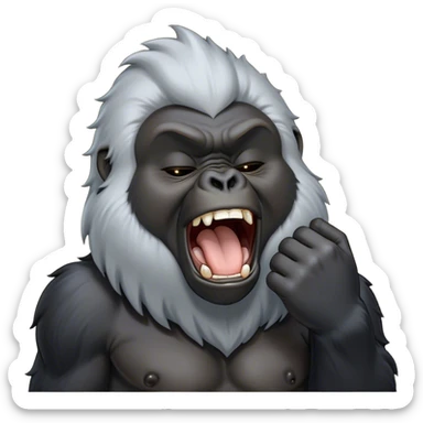Cinematic Cute Yawning mountain Gorilla Portrait Emoji, Head tilted slightly with a dramatic, wide-open yawn, showcasing a formidable build with a silvery mane and drowsy, half-closed eyes, Simplified yet irresistibly adorable features, highly detailed, glowing with a soft, cozy jungle glow, high shine, relaxed yet expressive, stylized with a dash of whimsical primate charm, soft glowing outline, capturing the essence of a drowsy yet affectionate guardian that appears ready to stretch out for a nap! sticker