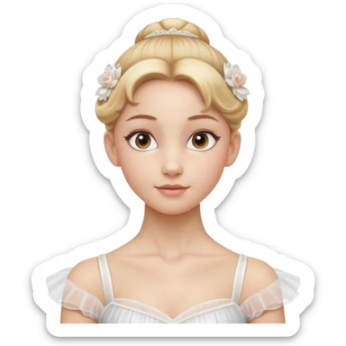 Cinematic Realistic Ballerina Portrait, depicted with lifelike skin texture, subtle rosy undertones, and soft natural lighting that enhances the gentle contours of her face. Her intricately detailed golden blonde hair is elegantly styled in an updo, sticker