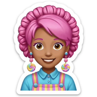 candy shop vendor, looking like candy with candy earrings and candy hair sticker