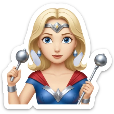 Blonde blue eyes Wonder Woman holding bell and short white orchestra conductor’s baton  sticker