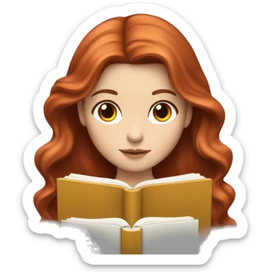 White girl with long loose wavy darker red hair reading a book sticker