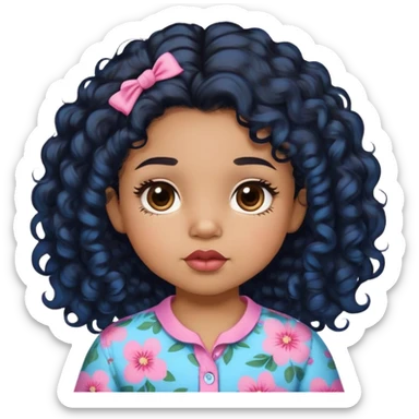 light brown skin tone, very adorable toddler, with big plump lips, long long lashes, black curly hair, middle hair parting, brown eyes, pink and blue floral shirt sticker