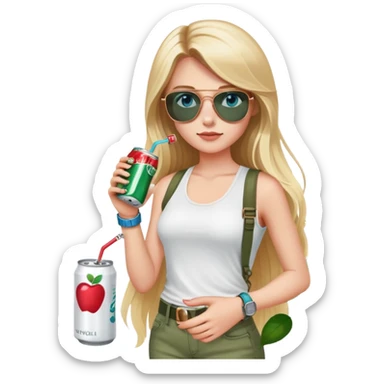 girl with long blond hair
with blue eyes
and aviator sunglasses
wearing white tank top 
holding one soda can without straw
wearing (rose gold apple watch with forest green band) sticker