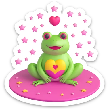 A 3D emoji of a frog meditating on a pink mat, with a heart above its head and stars surrounding it, in the style of iOS 18 emojis. sticker