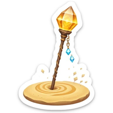 desert sand mage staff object icon, ancient wooden staff, swirling sand crystal on top, glowing golden aura, small floating sand particles, fantasy desert style, 3D cartoon, mobile game icon style, centered, clean background, soft shadow, no text, no watermark
 sticker