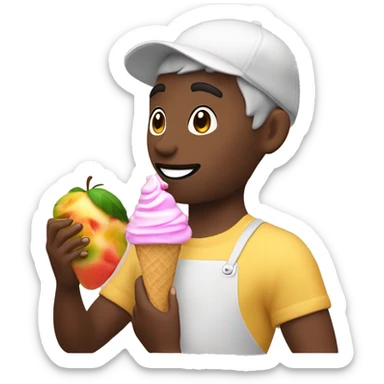 persona sosteniendo en una mano una fruta y en la otra un helado sticker