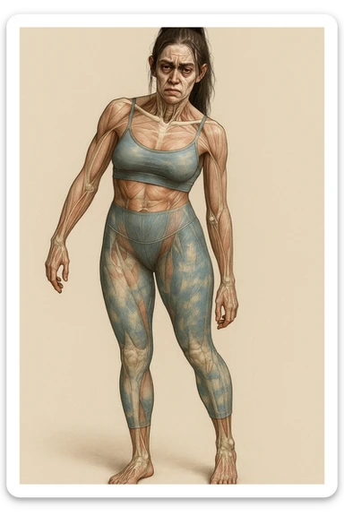 A woman in sportswear with an asymmetric posture, in a medical realistic style showing visible muscles and bones. The expression shows strong chronic stress signs including a tense face, dark circles under the eyes, and muscle tension. The background is neutral and the format is vertical. sticker