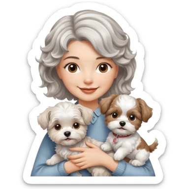 silver, short, wavy-haired with loose curls, smiling pretty lady holding a westie terrier dog and a shih tzu dog sticker