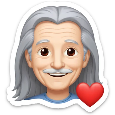 Smiling elderly me with long gray hair and heart thought bubble sticker