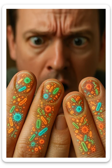"Close-up macro shot of man's fingernails with transparent overlay showing dense colonies of bacteria, viruses, and parasites thriving in nail beds, millions of pathogens visible as glowing microscopic organisms, expression of shock as he examines his hands under magnification, nail debris containing more germs than toilet water, fingertips becoming mobile germ factories" sticker