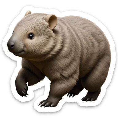 cinematic-stout wombat-realistic-fluffy full-body-waddling-emoji,-stout-muscular-frame-covered-in-coarse-brown-fur,-short-powerful-legs-trotting-determinedly-through-bushland,-round-dark-eyes-filled-with-calm-confidence,-tiny-rounded-ears-twitching-slightly,-strong-digging-claws-visible-on-sturdy-paws,-simplified-yet-realistic-focused-features,-highly-detailed,-glowing-with-a-subtle-earthy-glow sticker