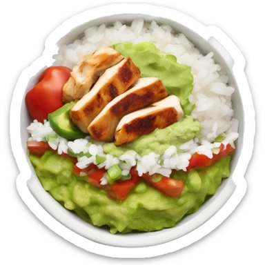 Chipotle bowl with white rice, chicken, guacamole, salsa, lettuce and peppers sticker