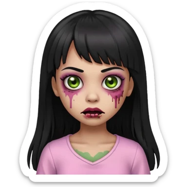 light-skinned Black zombie girl emoji, black eyes, long black hair with bangs, light pink blouse, greenish zombie skin sticker