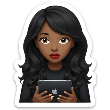 A young woman with long black hair, a wavy frange falling on half of her head.  She's black, medium to dark skinned with thick lips. She's holding an iPad, but she's wearing black casual clothes. she has long eyelashes. sticker
