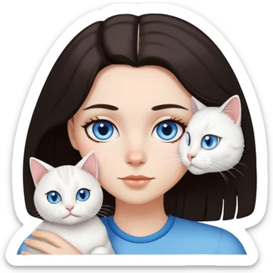A white girl has black eyes, dark brown mid-length hair, and she has a pet, a white cat with blue eyes sticker
