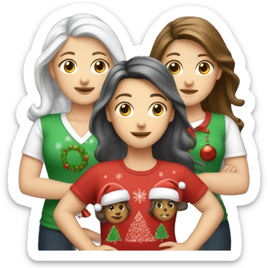 Three white girls. One long read head, one long grey haired, and one short dark brown hair wearing Christmas shirts.  sticker