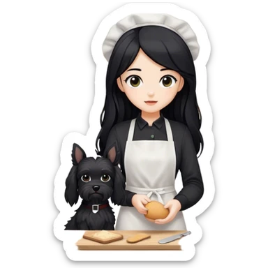 pale girl with long black hair wearing black long sleeve tshirt wearing apron and baking holding black floppy ear schnauzer no tail sticker