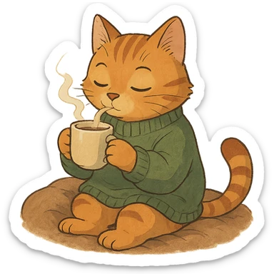 ghibli style cat sipping coffee, cozy weekend sticker