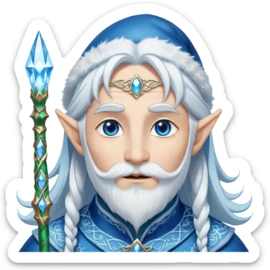 Legendary fantasy Christmas elf portrait icon, Santa Claus and Snow Maiden inspired, ancient winter spirit style, long flowing white-blue hair, glowing frost eyes, crystal staff, elegant elven features, divine winter magic aura, icy silver color palette, highly detailed but clean emoji icon male sticker