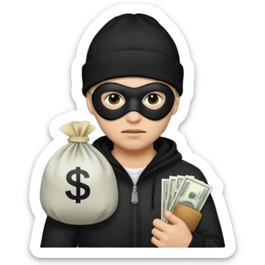 robber wears black eye mask and black beanies with money bag beside him sticker