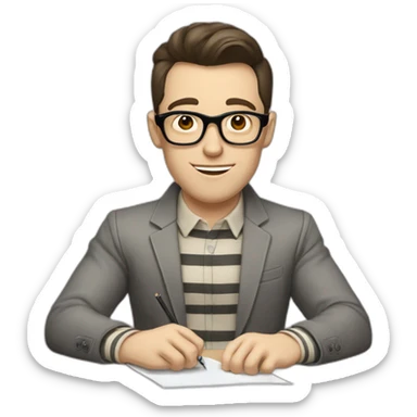 Pale skinned Fit Man With dark brown hair in gray jacket with stripe In the form of emblem Ψ, beige office shirt and vintage glasses Sitting at the table sticker