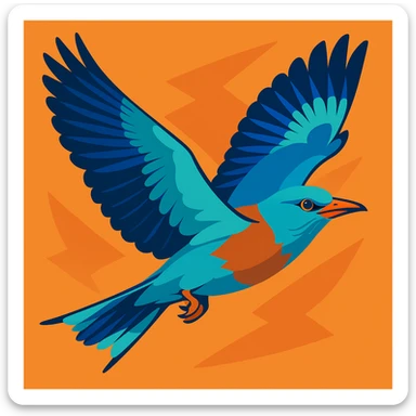 European Roller in flight, wings spread, showing blue and brown plumage, stylized illustration sticker