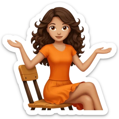 Twirling around a chair Long dark wavy hair women in orange top  sticker