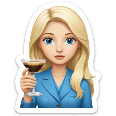 a blond woman with Long blond hair and blue eyes is Holding a Espresso Martini in her hands  sticker