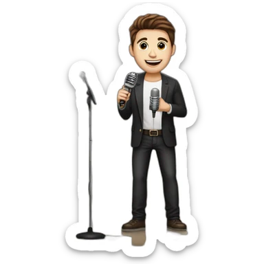  men with brown hair and light skin with microphone stand in front of him with show spotlights on a stage and many lights and spotlights on a raised stage sticker