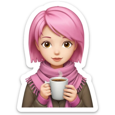 a girl with pink short layer hair, having scarf,  drink coffee, enjoy sticker