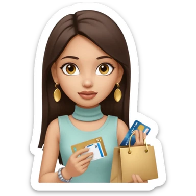 a pretty bratz fair indian girl wearing a beige sleeveless turtleneck, golden earrings, straight ling hair, holding bank cards, dark brown hair, carrying shopping bags sticker