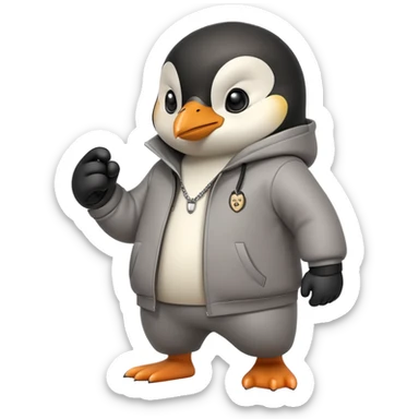 friendly anthropomorphised penguin wearing a mafia-style tracksuit, secretive scheming pose, angry expression, determined stride, holding a knuckle duster sticker