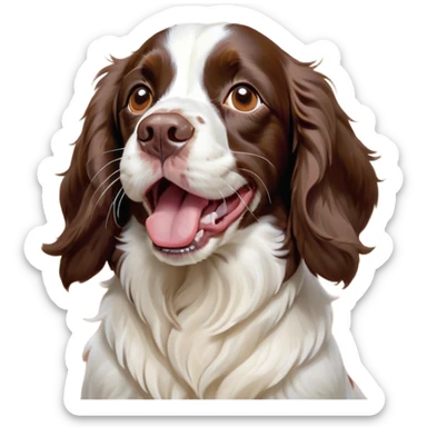 Cinematic Cute Yawning Springer Spaniel Portrait Emoji, Head tilted slightly with a dramatic, wide-open yawn, showcasing a smooth Fur of liver and white with crisp markings, floppy ears slightly drooping, round brown eyes barely open in drowsy contentment, Simplified yet irresistibly adorable features, highly detailed, glowing with a soft, cozy glow, high shine, relaxed yet expressive, stylized with a touch of whimsy, bright and endearing, soft glowing outline, capturing the essence of a sleepy yet affectionate companion, so drowsy it feels like it could stretch right out of the screen and curl up for a nap! sticker