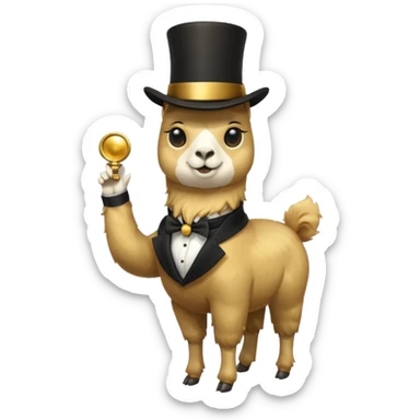 A small golden llama silhouette wearing a black top hat and a single eye monocle, full body shot sticker