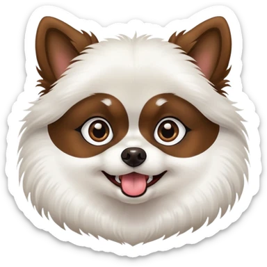 A dark brown colored Pomeranian. The fur on its chin is white. The ears are pointed and the tongue is sticking out. The whites of the eyes are visible sticker